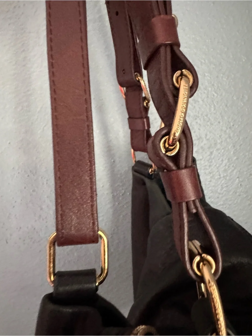 Adolfo Dominguez Black Leather Hobo with Brown Strap and Gold Hardware